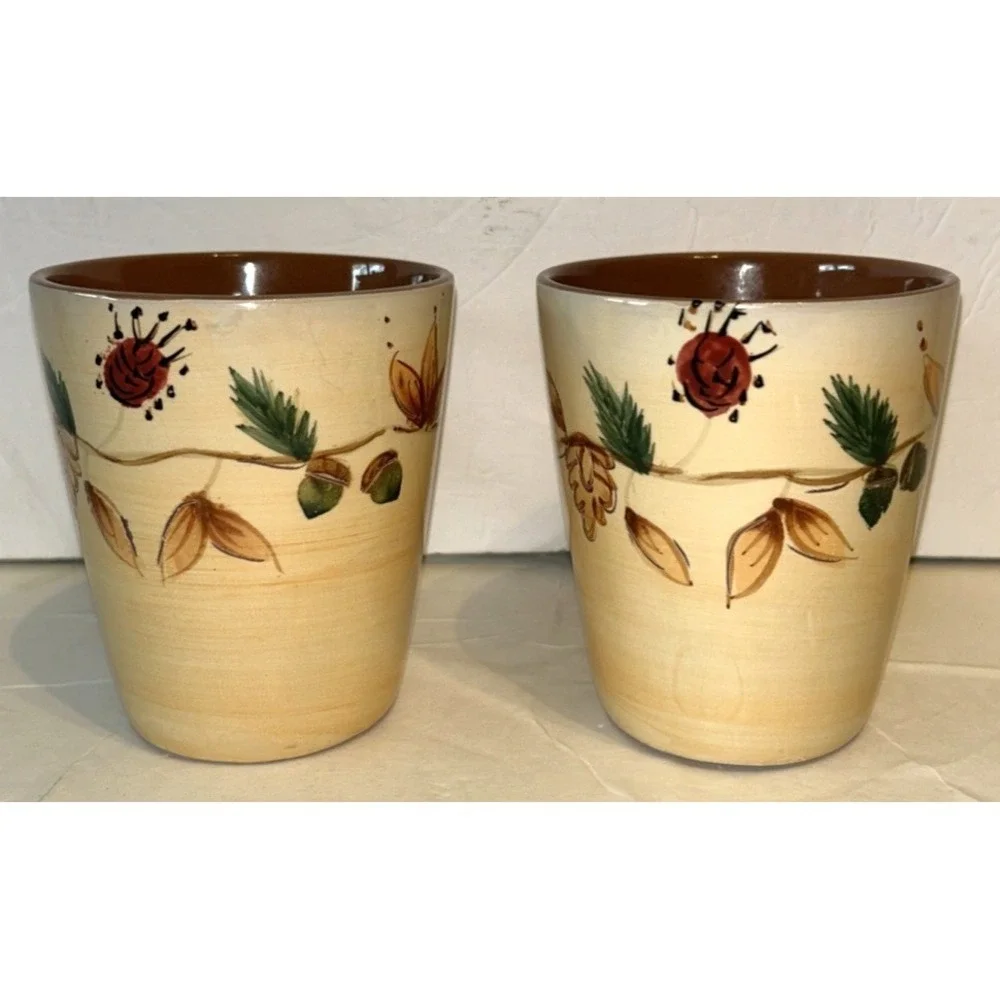 LOT 2 Pottery Barn Tree of Life Autumn Leaves Acorns Coffee Mugs
